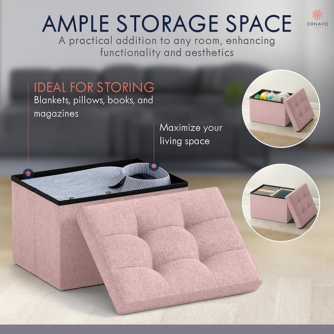 Ornavo Home Small Storage Ottoman Foldable Collapsible Rectangle Linen Ottoman - Image 3
