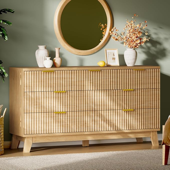 Fluted Dresser with 7 Drawers, Wooden Dresser TV Stand, Wood Closet Clothes by Xixini