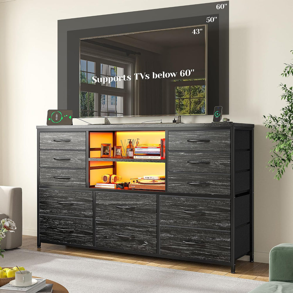 EnHomee Dresser for Bedroom with LED Lights & Charging Station