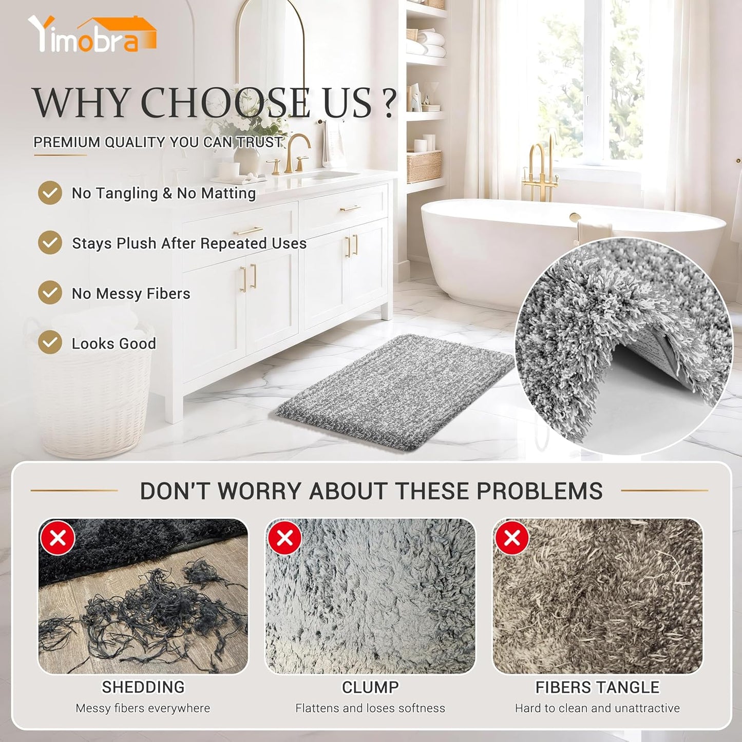 Yimobra Bathroom Rugs Non Slip Washable, Ultra Soft and Water Absorbent Bath Mats, Fluffy Shower Mat Outside, Plush Matts for Bathroom Floor/Sink, 24X17, Home Decor Accessories, Light Gray and White