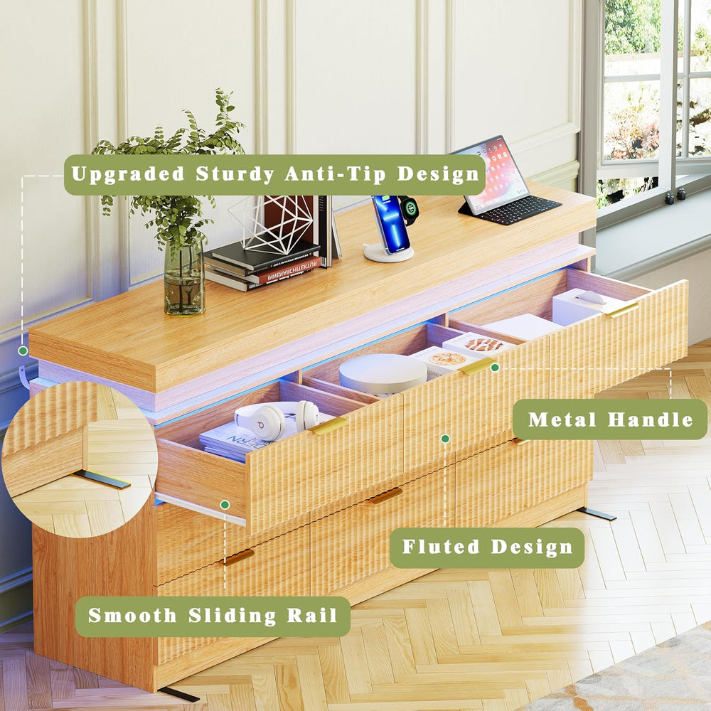 Fluted 9 Drawer Dresser LED Lights & Charging Station, Natural Oak