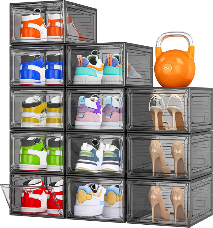 12 Pack Shoe Organizer, Stackable Shoe Storage Boxes with Magnetic Door