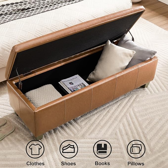 51" Faux Leather Storage Ottoman, Stitch Tufted Rectangle Upholstered End of - Image 3