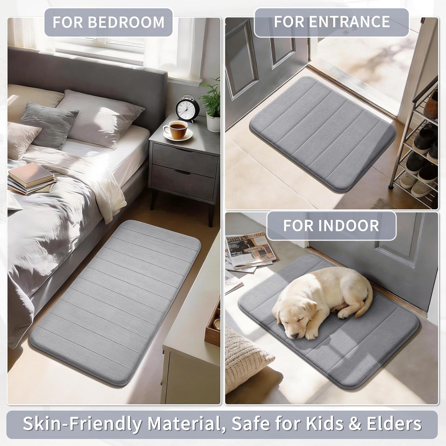 Yimobra Memory Foam Bath Mat, Super Soft Absorbent Bathroom Rug Non Slip, Quick Dry, Machine Washable Floor Carpet for Tub Shower, Home Decor Accessories, 24x17, Grey