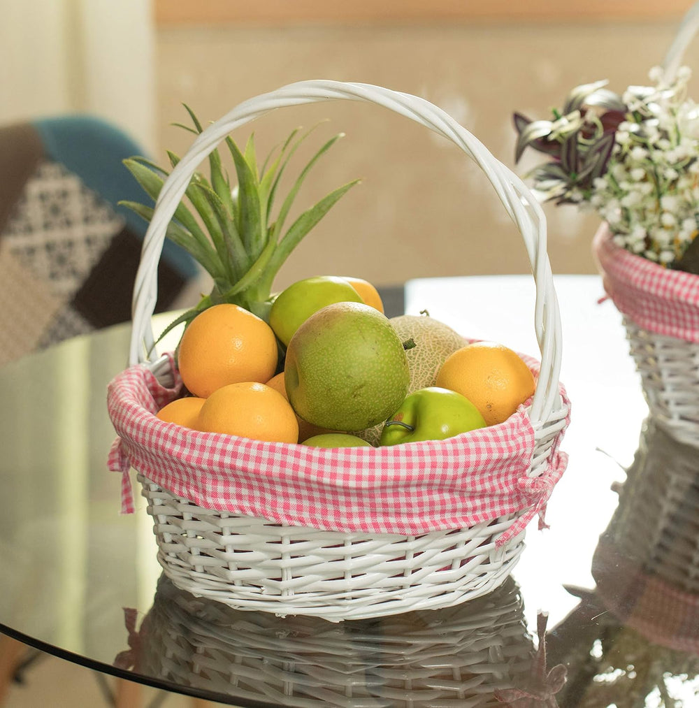 White Round Willow Gift Basket with Pink Gingham Liner & Handle, Mediun –...