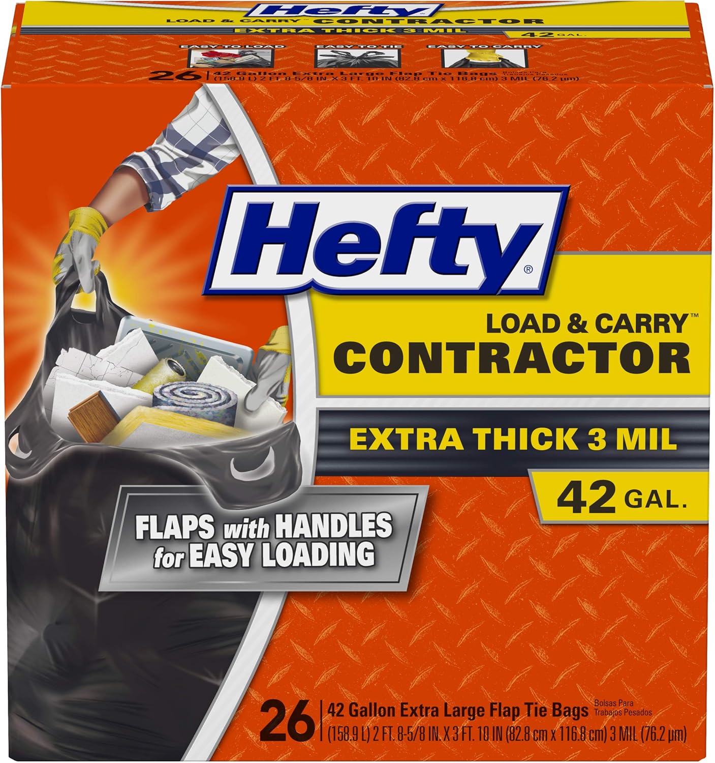 Hefty Load and Carry Contractor 42 Gallon Trash Bags, 3.0 Mil, 26ct | Extra Thick 42 Gallon Contractor Bags with Extra Long Flap Tie Handles, Easy to Carry, Handles Tough Debris, Black, Unscented