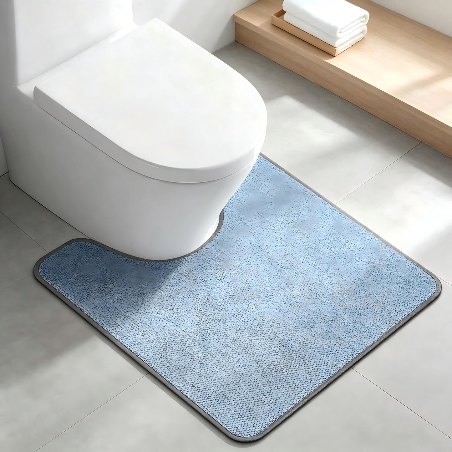 Absorbent Bath Rug Mat for Oval Toilet Base,Soft Microfiber Contour Mats for Toilets, Quick Dry, Bathroom Decor, Non-Slip, U-Shape Blue
