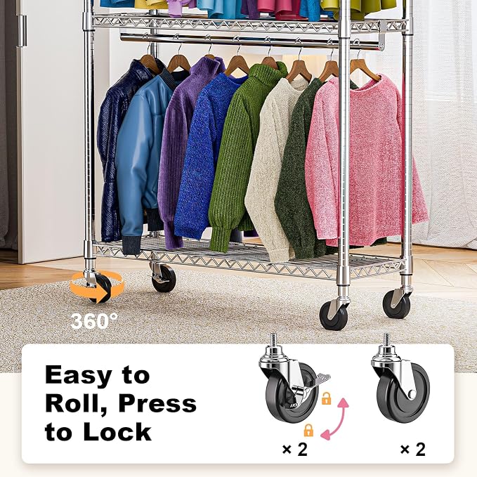 Heavy Duty Rolling Garment Rack 3 Tiers Adjustable Wire Shelving Clothes Rack - Image 3