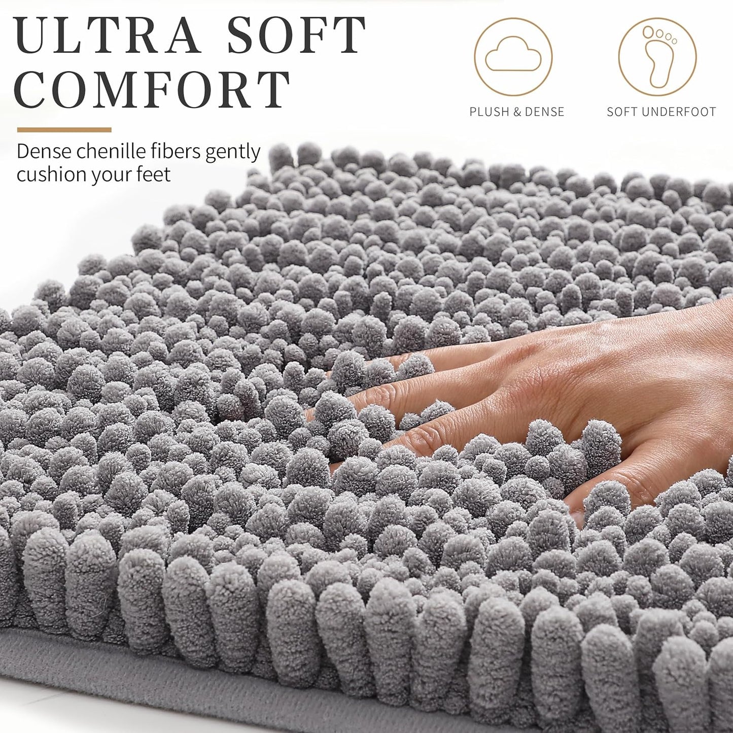 Yimobra Bathroom Rugs Non-Slip Washable – Extra Soft & Absorbent Chenille Bath Mat, Quick-Dry Plush Shaggy Floor & Vanity Bath Rugs for Tub & Shower, Modern Home Decor Accessories, 24 x 17, Grey