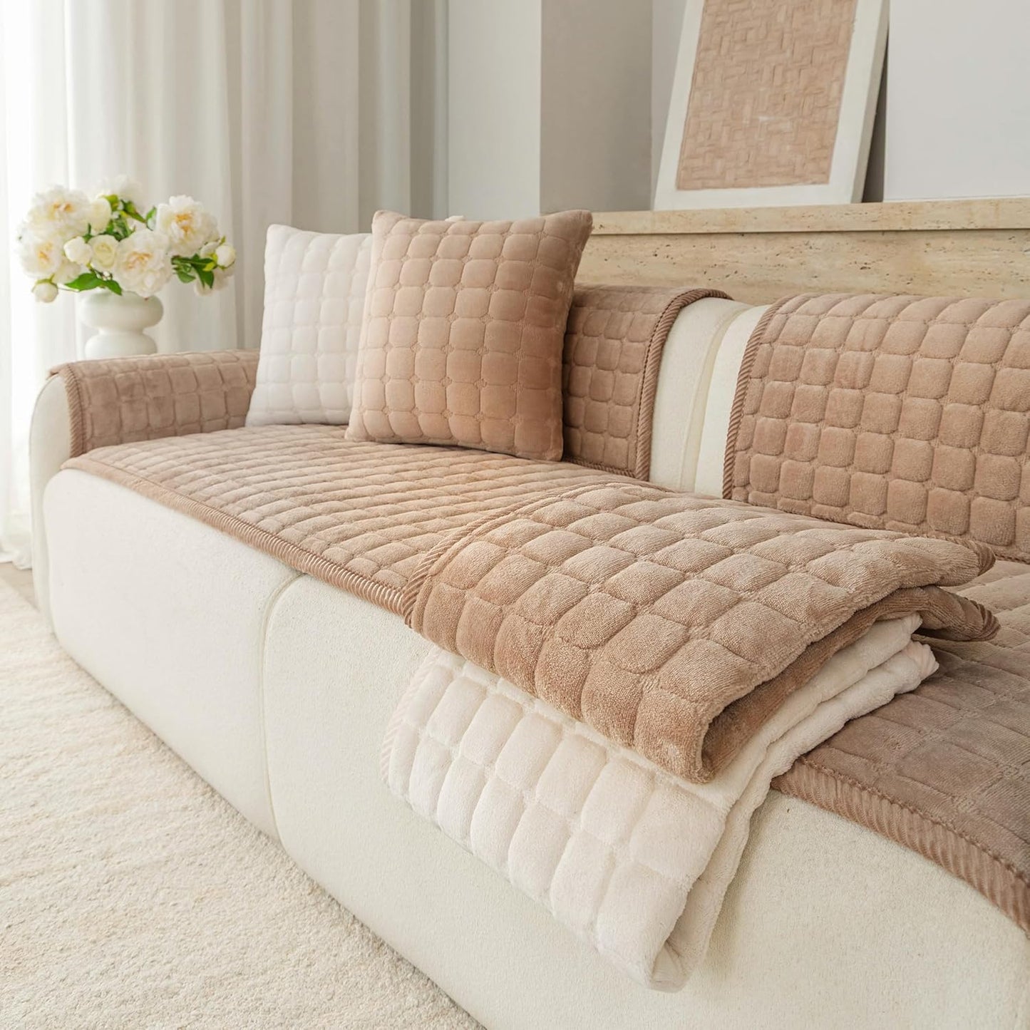 Premium Velvet Washable Dog Couch Cover, Non Slip Sofa Cover for 3 Cushion, L Shaped Waterproof Fumiture Protector Covers(1PC/27.6"x27.6",Khaki)
