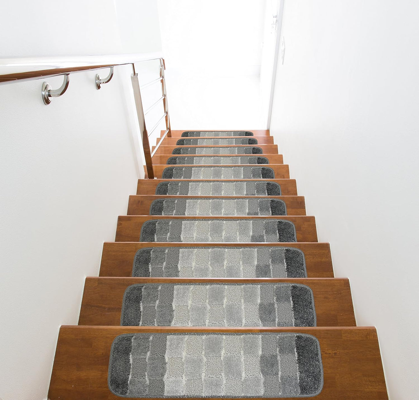 Washable, Slip Skid Resistant Rubber Back Stair Tread Mats, 9 inch by 28 inch, Checkered, Grey, Set of 20