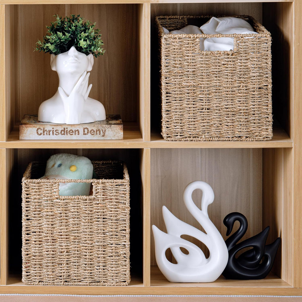 10.5 x 10.5in Cube Seagrass Storage Baskets, Foldable Square Wicker Storage B...