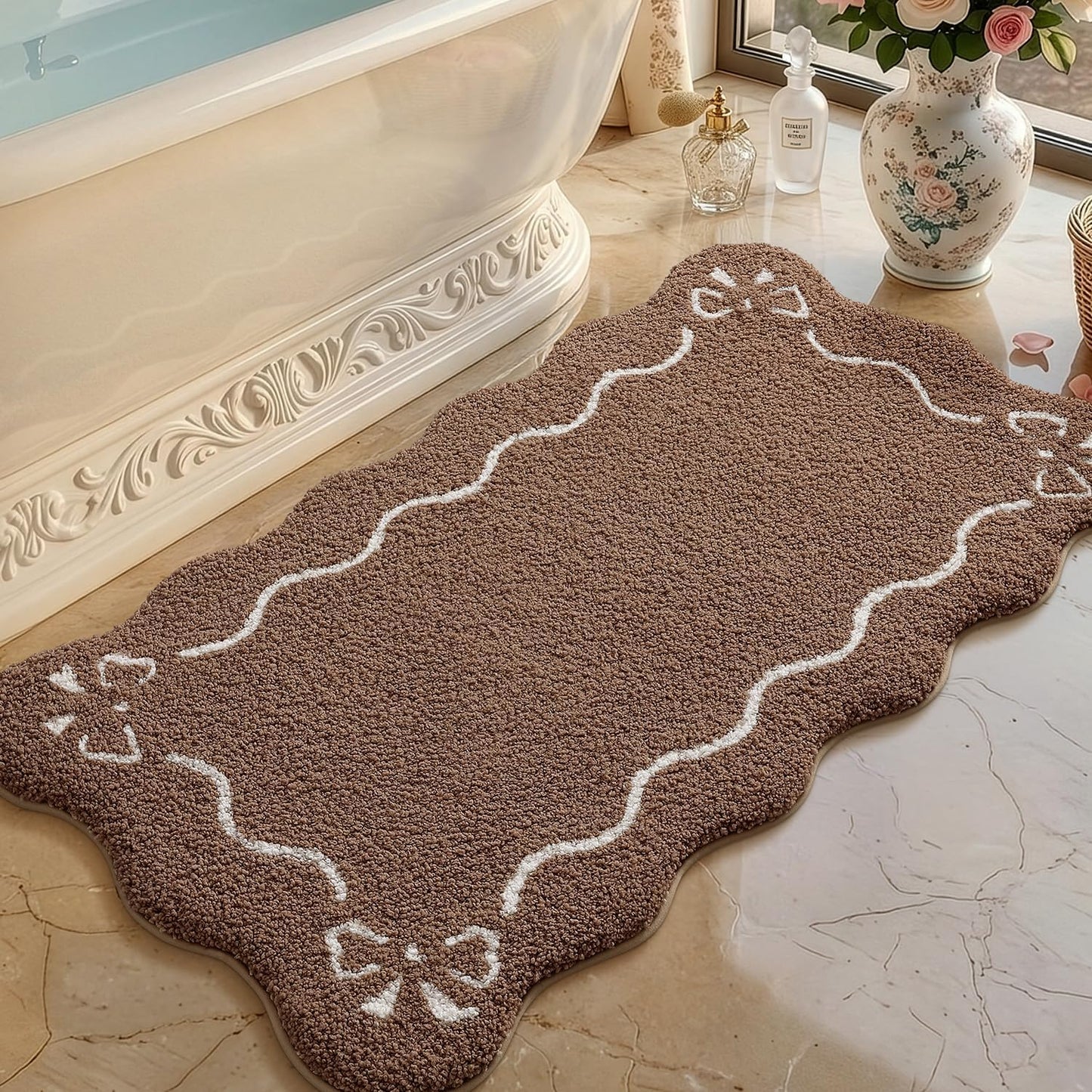 LUMI Scalloped Bathroom Rug, Cute Plush Microfiber Bath Mat, Super Absorbent & Quick Dry Shower Mat, Machine Washable Floor Carpet for Tub, Brown, 24"x36"