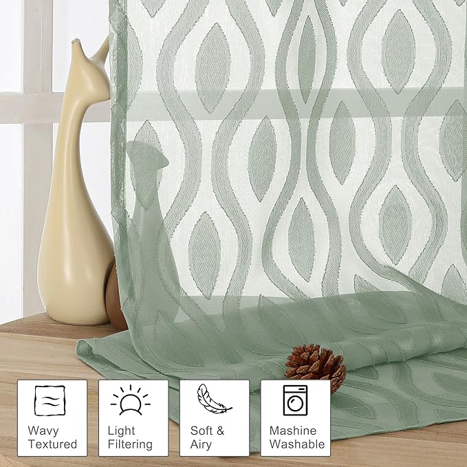 Aiyufeng Sheer Green Curtains 54 Inch Length 2 Panels, Soft Lightweight Clip - Image 2