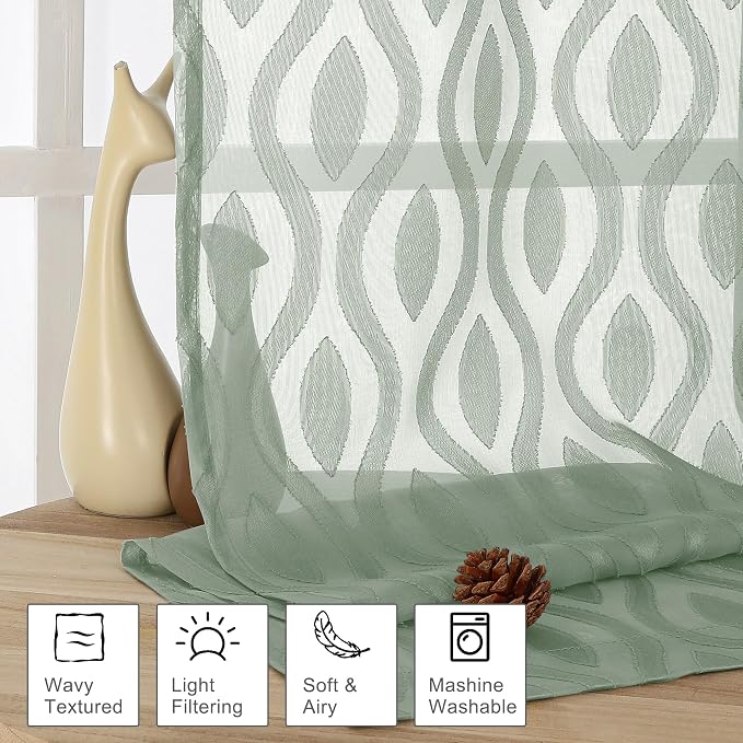 Aiyufeng Sheer Curtains 63 Inch Length 2 Panels Set, Solid Green Airy Light - Image 2