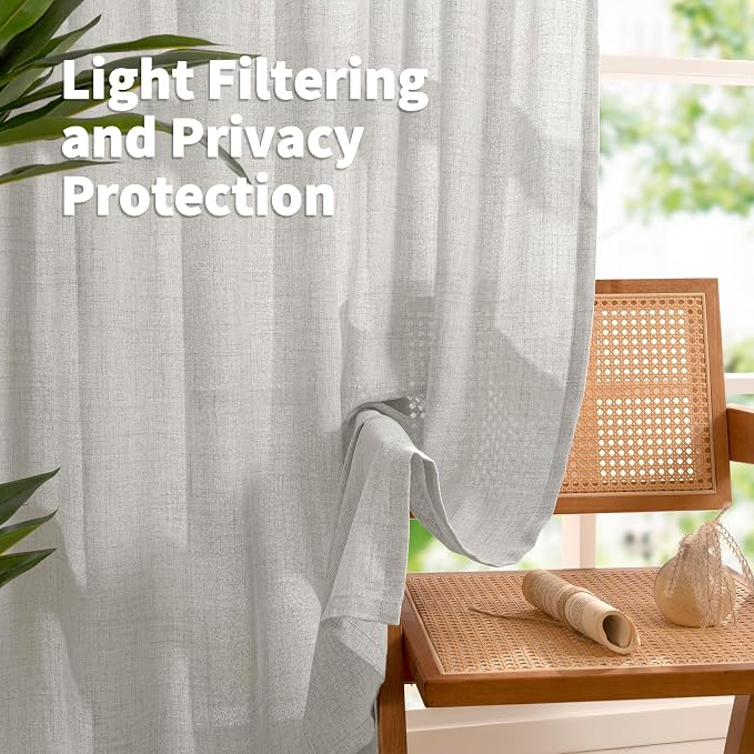 YoungsTex Linen Semi Sheer Curtains 90 Inch Length 2 Panels, Light Grey Light - Image 3