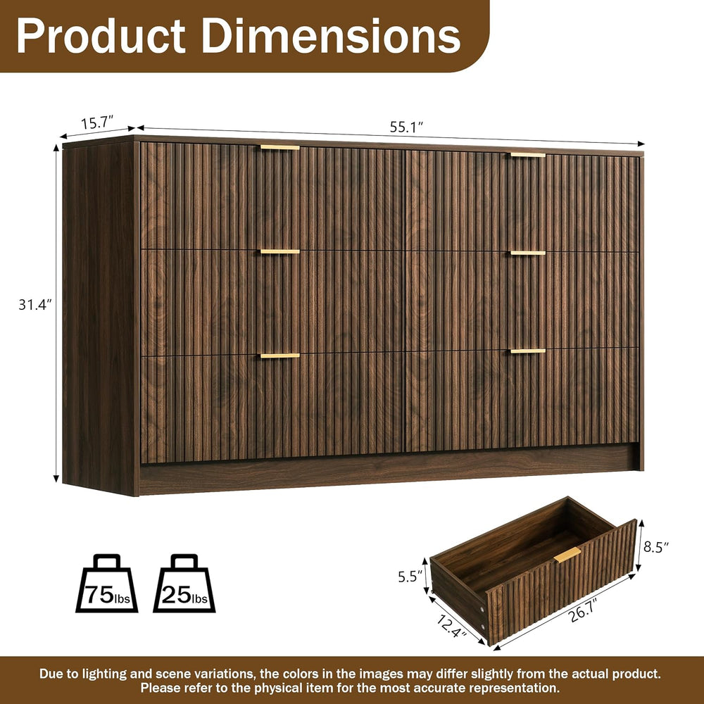 Furniway Walnut Dresser for Bedroom, Modern Dresser with 6 Drawers and Smooth...