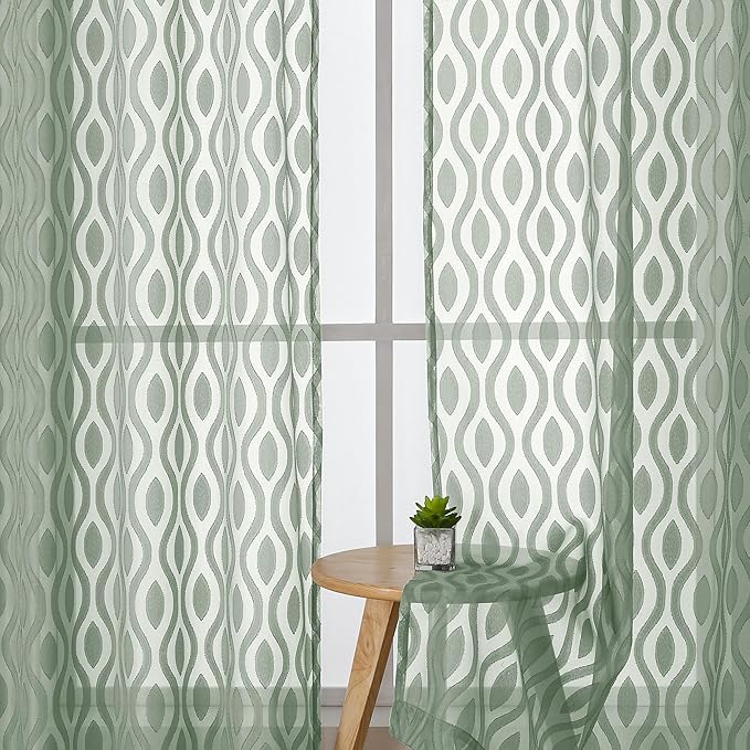 Aiyufeng Sheer Curtains 63 Inch Length 2 Panels Set, Solid Green Airy Light - Image 3