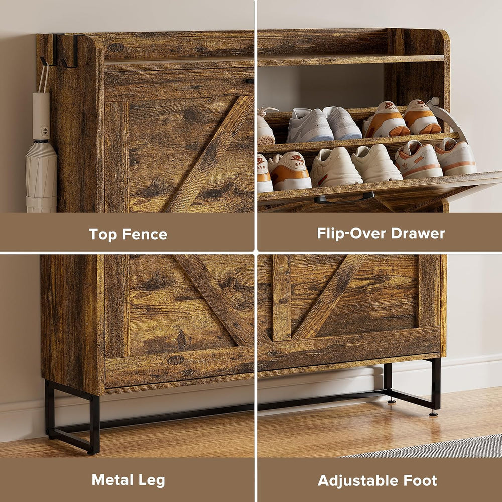 EOYUTLLY Shoe Cabinet for Entryway with 2 Flip Drawers,Narrow Wooden Shoe Sto...