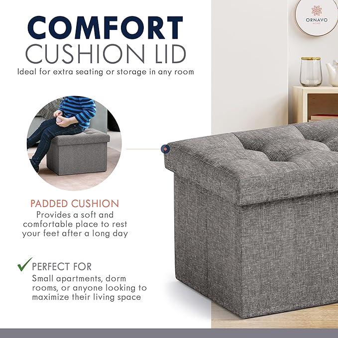 Ornavo Home Small Storage Ottoman Foldable Collapsible Rectangle Linen Ottoman - Image 6