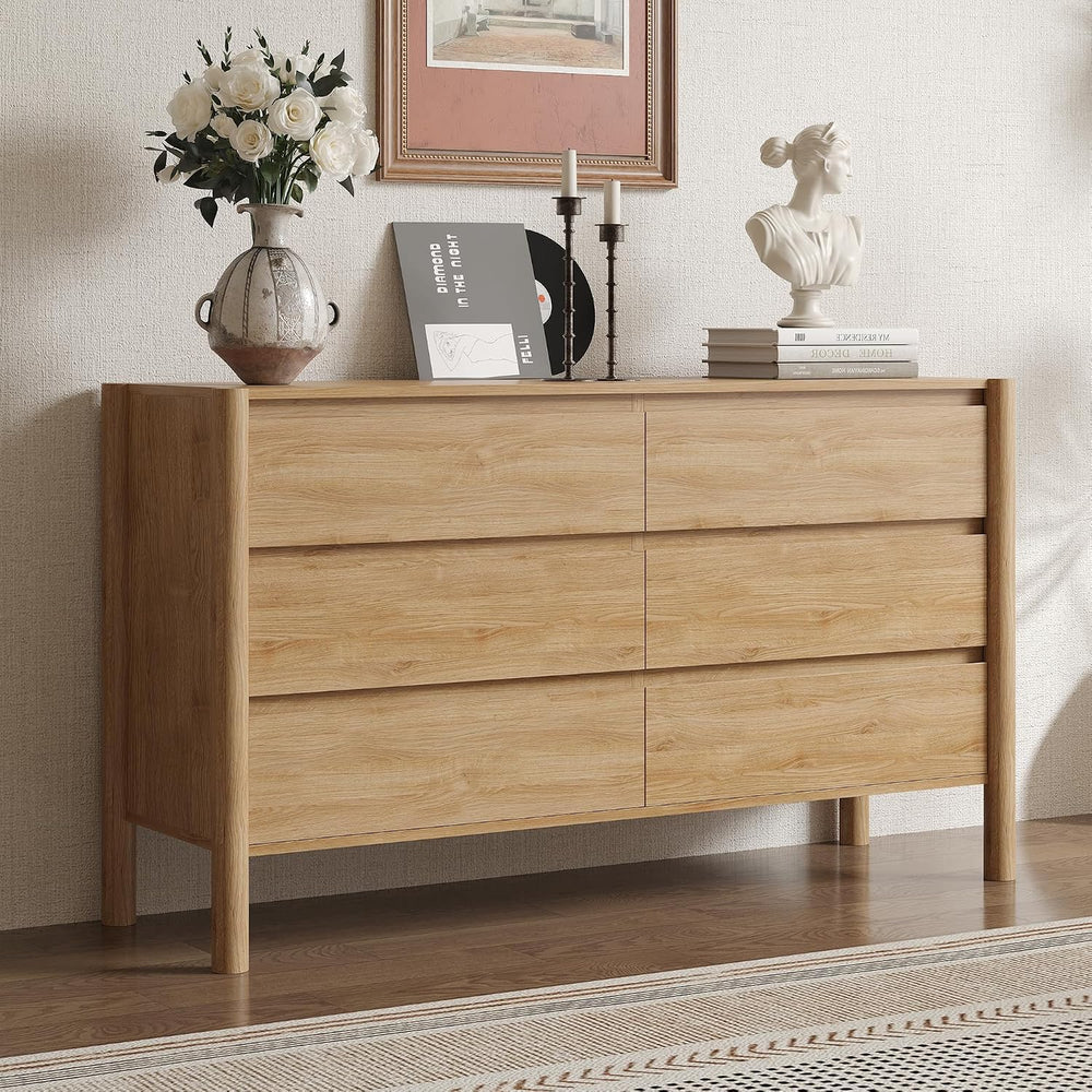 CHUWELL 47.2" Wide Oak 6 Drawer Dresser for Bedroom with Solid Wood Legs