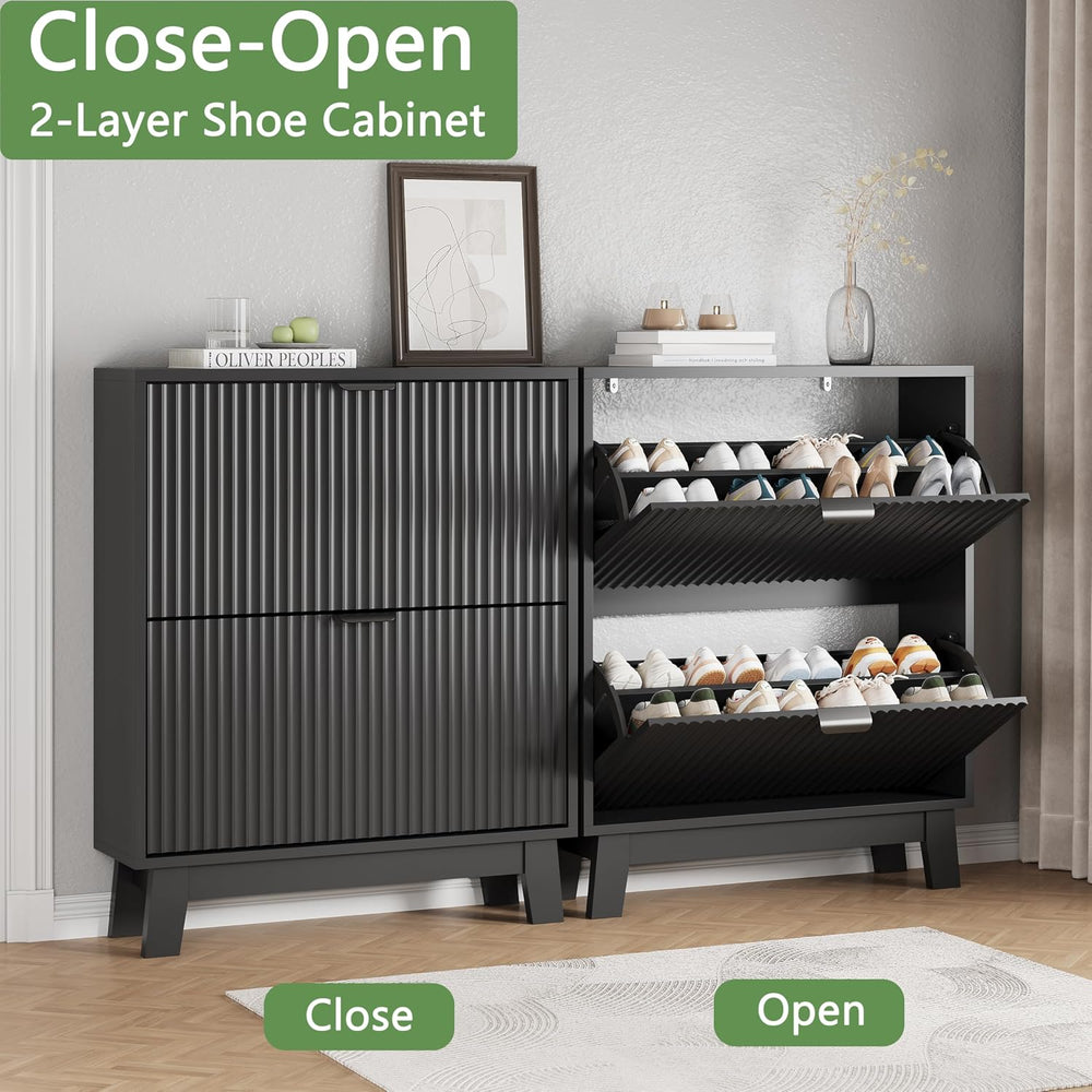 Xixini Shoe Cabinet with 2 Flip Drawers, 37" Tall Narrow Fluted Shoe Sto...