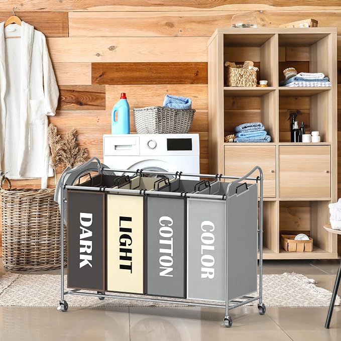 Simple Houseware 4-Bag Heavy Duty Laundry Sorter Rolling Cart - Image 4