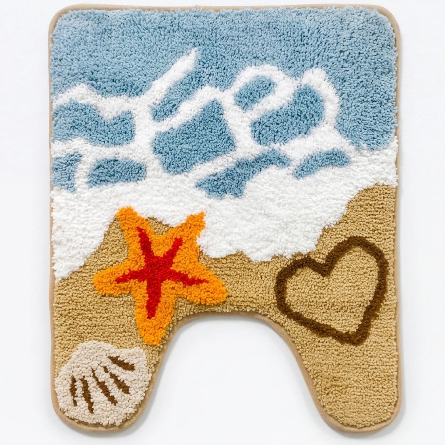 U-Shaped Beach Bathroom Rugs, Soft Plush Toilet Rugs Washable with Non Slip TPR Backing, Coastal Ocean Starfish Design, Blue, 24"x20"