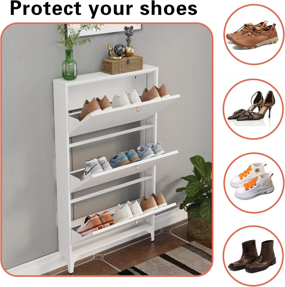 Shoe Cabinet with 3 Flip Drawers, Narrow Shoe Storage Cabinet, Farmhouse Shoe...