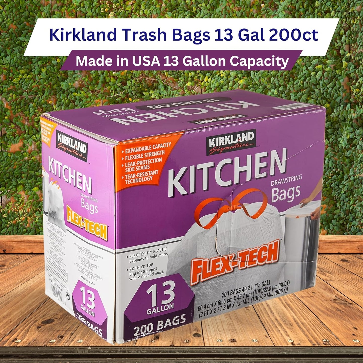Worldwide Nutrition Bundle Compatible with Kirkland Signature Flex-Tech 13 Gallon Kitchen Garbage Bags with Drawstring Closure - 200 Count Pack of Tall Trash Bags for Kitchen with Keychain