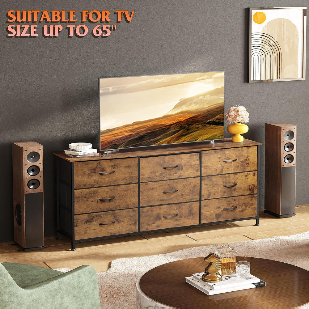 WLIVE Dresser TV Stand for 65 Inch TV, 9 Drawer Dresser, Rustic Brown