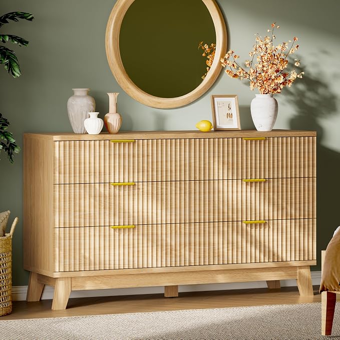 Fluted Dresser with 6 Drawers, Wooden Dresser TV Stand, Wood Closet Clothes by Xixini