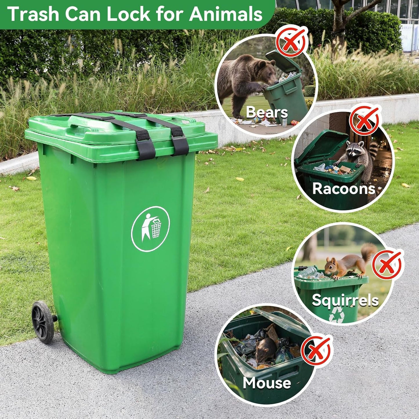 2PCS Trash Can Locks for Animals，Bear Proof Trash Can Locks with Durable Metal Claws, Adjustable Strap Fit for Most Outdoor Garbage Cans (28-96 Gallon)