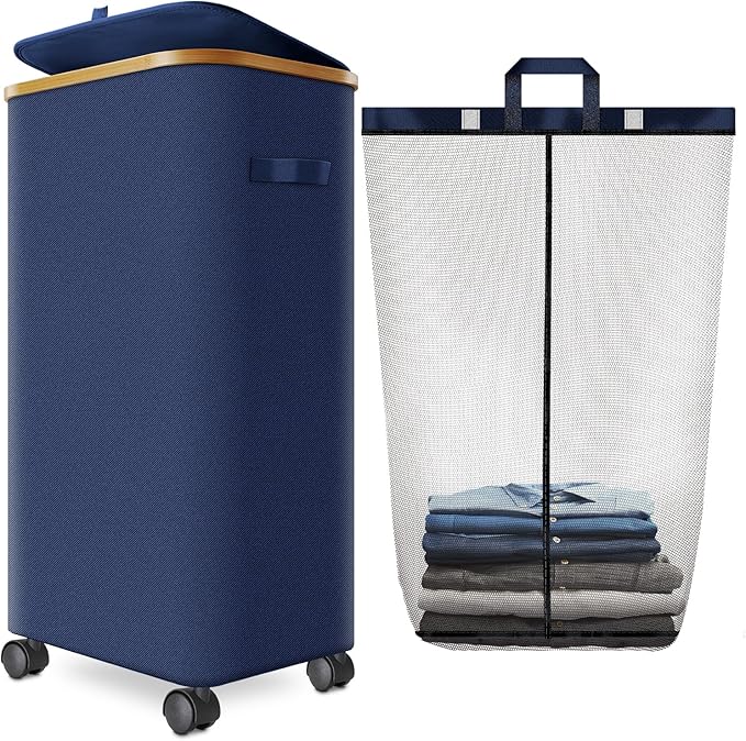 Laundry Hamper with Wheels, 29 Gal Laundry Basket with lid Rolling Clothes by Wuevu