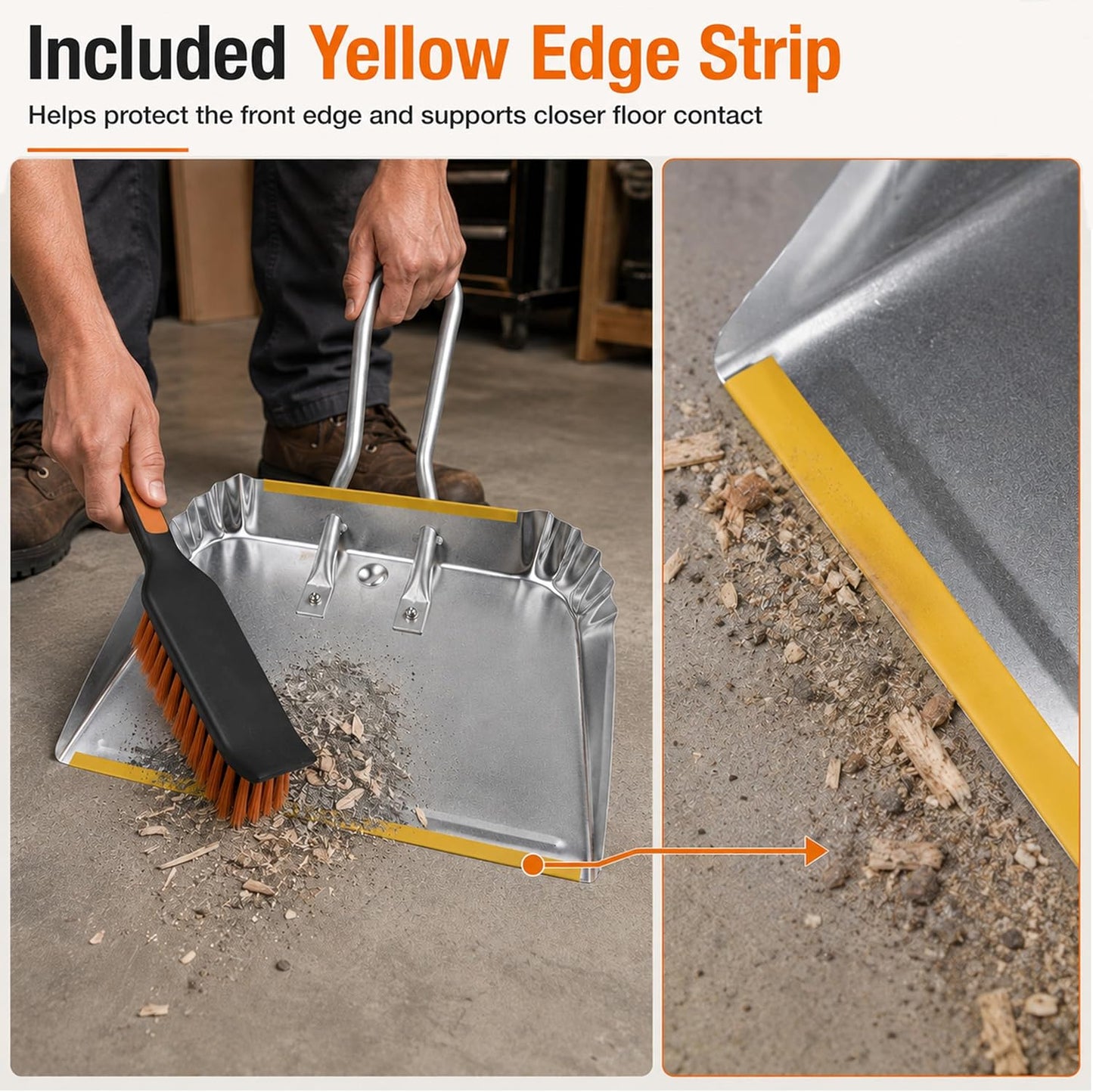 17" Heavy Duty Metal Dust Pan with Brush Set, Large Wide Mouth Dustpan with Stiff Bristle Cleaning Brush for Garage, Yard, Fireplace Ash, Wood Stove, Workshop and Outdoor Cleanup, Silver