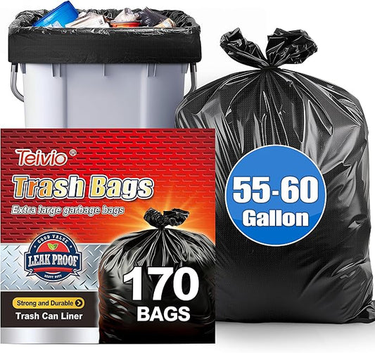 Teivio 55-60 Gallon Black Trash Bags | 170 Bags Extra Large Multi-Use Heavy by Teivio