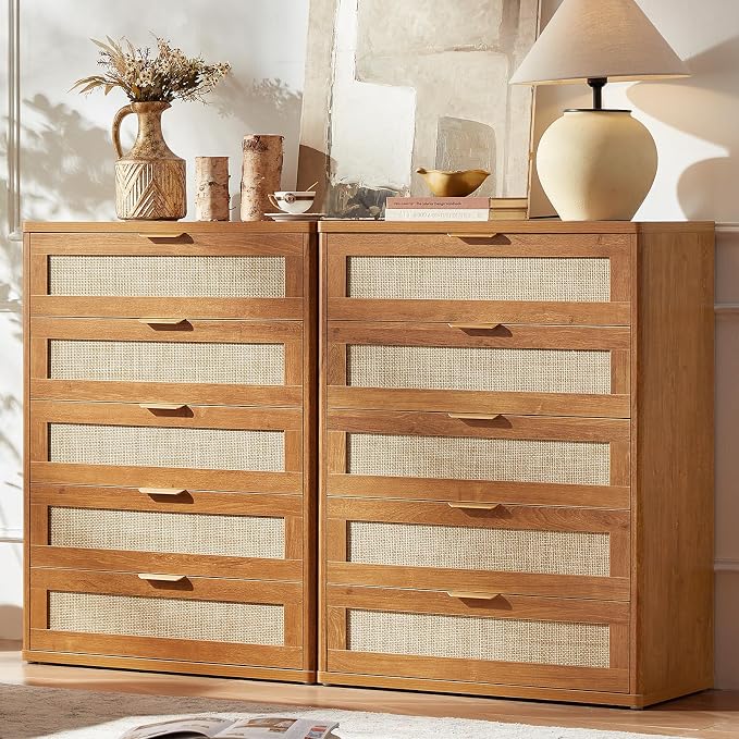 LEYAOYAO Rattan Dresser for Bedroom Set 2, Modern 5 Drawers Boho Dressers by LEYAOYAO-Findtheshiningpointofyourideallife%EF%BC%81