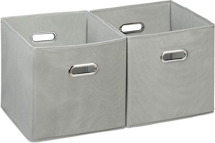 Relaxdays Storage Box Set of 2, No Lids, With Handles, Folding, Square Shelf Bins, 30 cm, Grey