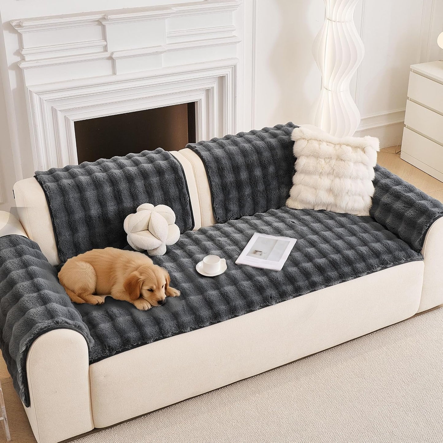 Soulsfeng Thick Plush Couch Cover for Dogs, Non-Slip Washable Pet Sofa Blanket, Soft Fuzzy Cushion Protector for 3 Cushion Couch, Pet Friendly Furniture Cover, Dark Grey 27.6" x 82.7"
