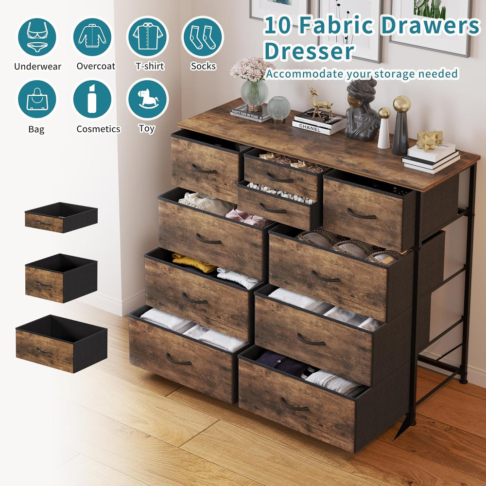 LUMTOK 10 Drawers Dresser with Fabric Bins for Bedroom,Closets，Rustic Brown