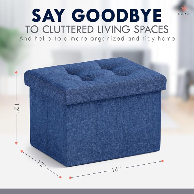 Ornavo Home Small Storage Ottoman Foldable Collapsible Rectangle Linen Ottoman - Image 2