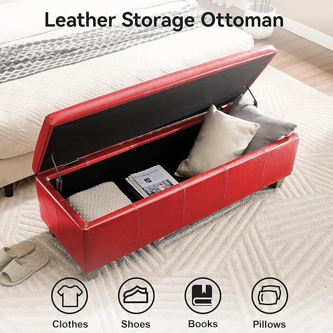 41" Faux Leather Storage Ottoman, Stitch Tufted Rectangle Upholstered End of - Image 3