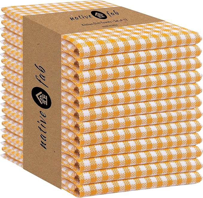 Native Fab 12 Pack Mini Check Yellow Kitchen Towels 16"x26" by NativeFab