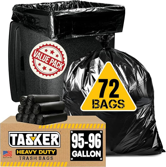 95 Gallon Trash Bags Heavy Duty | Mega-Value Pack 72 Bags | Extra Large Black by Tasker
