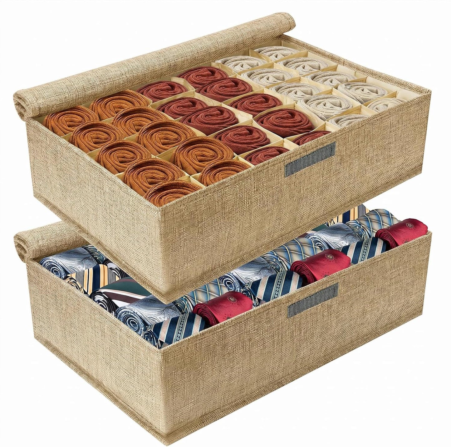 2-Pack Beige Sock & Tie Organizer with Lid, 30-Cell Foldable Storage Box | Keeps socks, ties, belts, small accessories neatly organized with a foldable, dustproof design and easy-access compartments