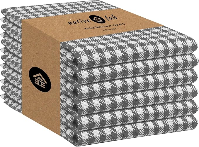 Native Fab Gingham Kitchen Towels 6 Pack, 100% Cotton 16x26 Inch, Absorbent & by NativeFab
