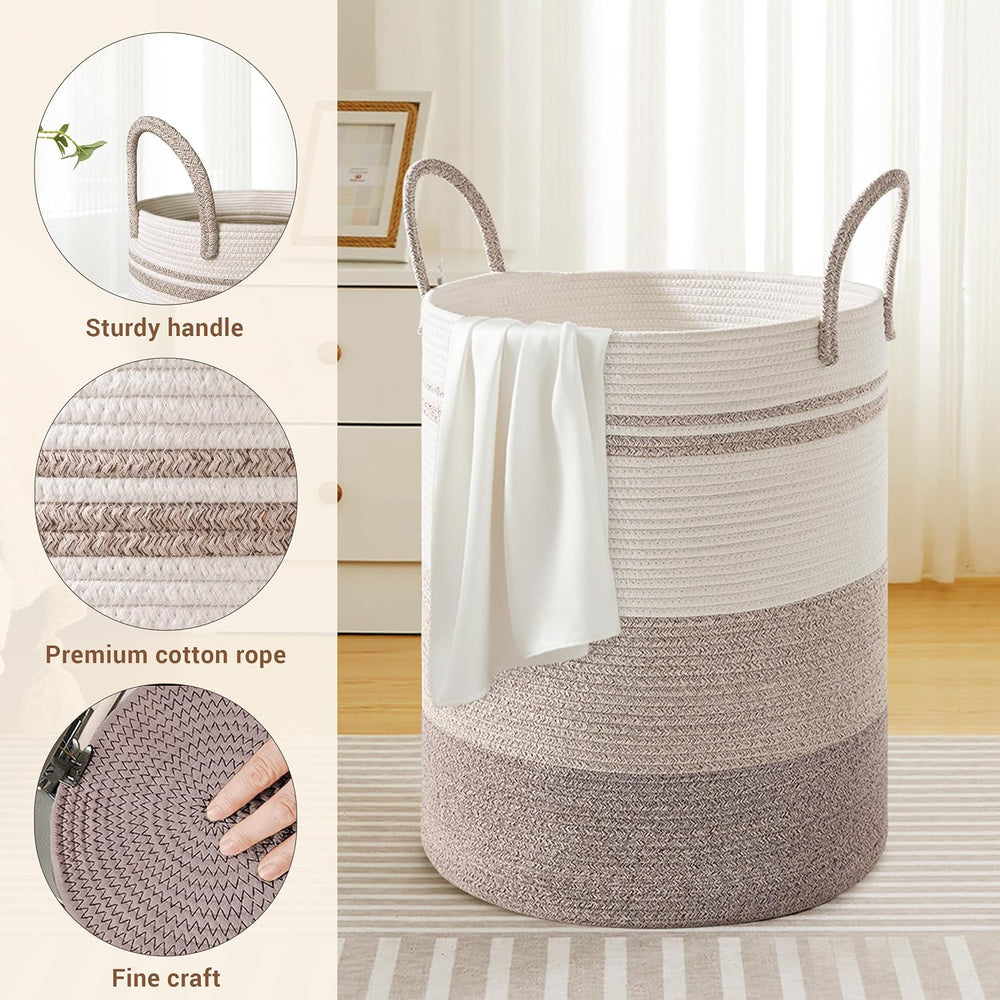 100L Extra Large Tall Cotton Rope Laundry Basket with Handle, Brown Striped