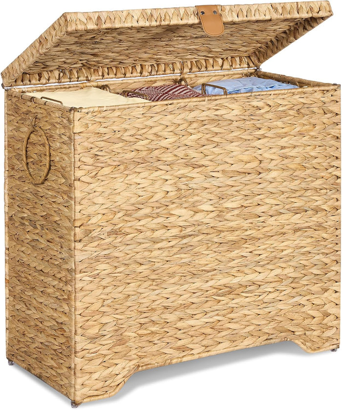 130L Wicker Laundry Hamper, 3-Section Laundry Basket with Lid