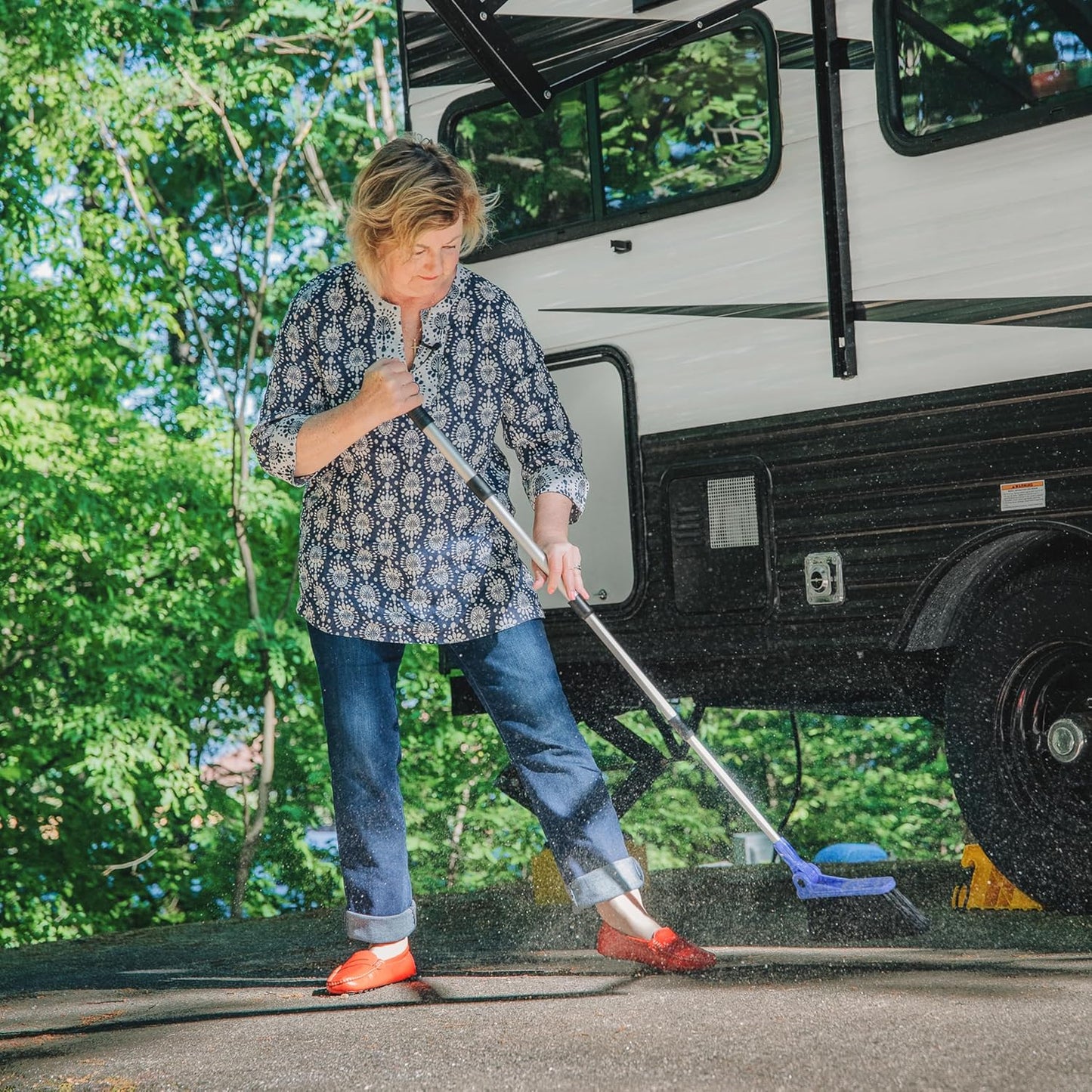 Camco Adjustable Broom and Dustpan - Portable & Compact Full Size Broom - Adjusts from 24-52 Inches, Ideal for RV, Marine, and Home Use (43623-A)