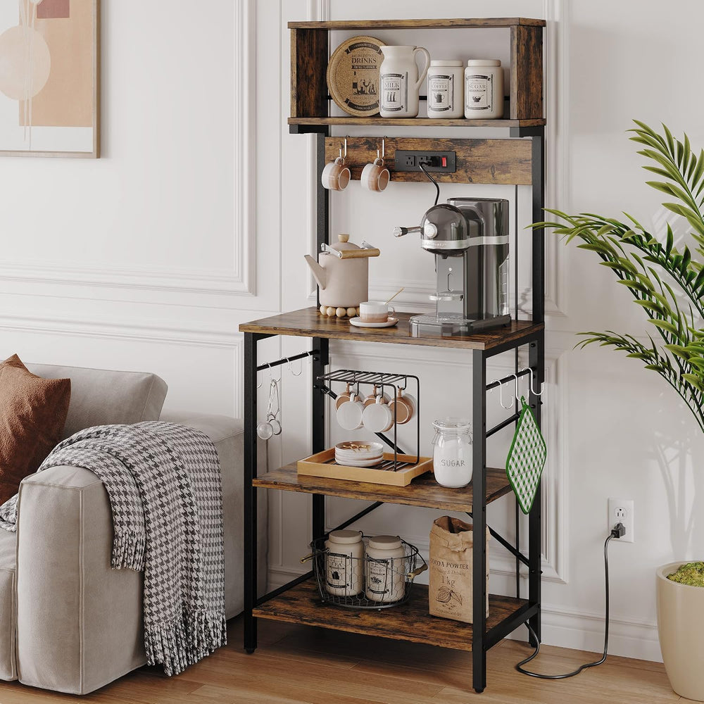 Bestier Bakers Rack with Power Outlets & Microwave Stand, Rustic Brown